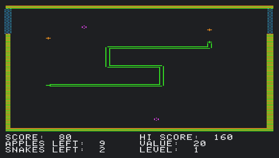 Captura de pantalla del juego Snake Byte de 1982 de Sirius Software que muestra una serpiente moviéndose hacia una manzana.